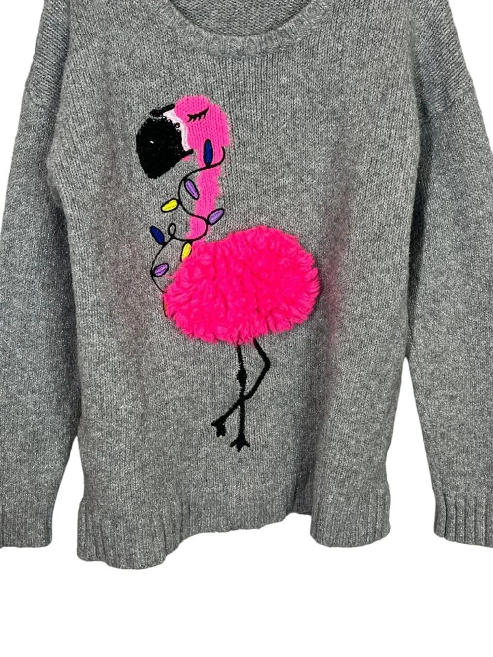 Justice Girls Gray Flamingo Sweater Size 14/16 Pom Pom Knit Pullover